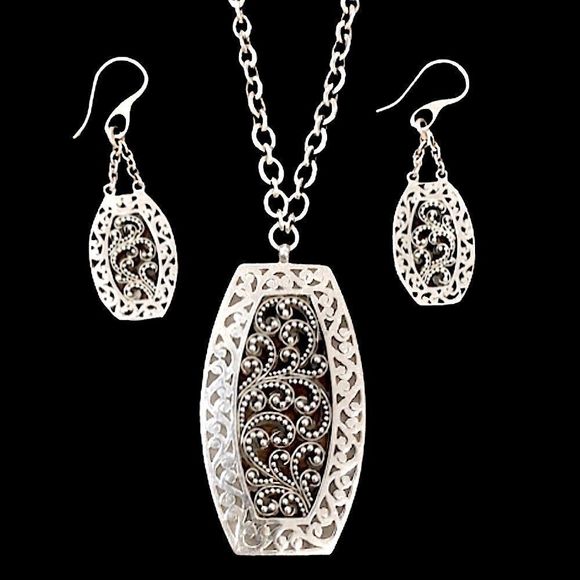 LOIS HILL Sterling Silver Granulated Scroll Oxidized Tonneau Necklace & Earrings - Picture 1 of 16
